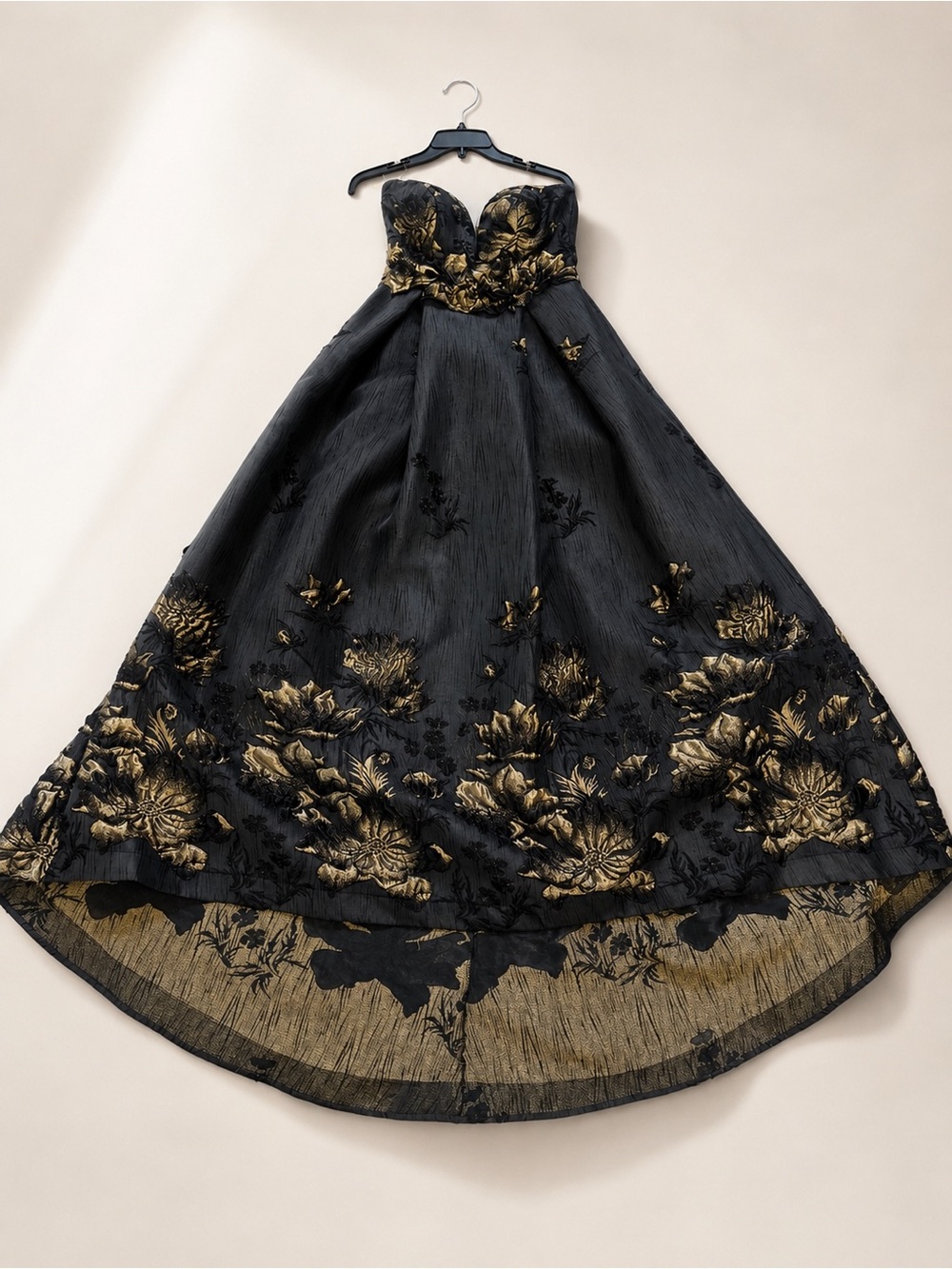 Strapless Black Evening Gown with Gold Floral Embroidery